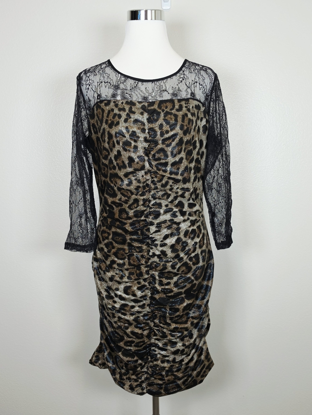 ALBERTO MAKALI Brown Lace Ruched Animal Print Dress XL Party Cocktail C647